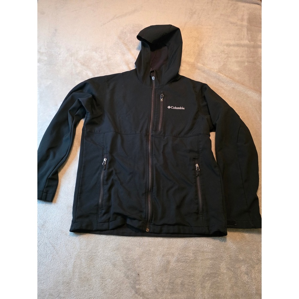 Columbia Softshell Jacket Mens L Black Hooded Full Zip Outdoor Coat